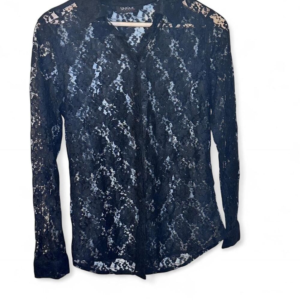 Black Lace Button Up Blouse Long Sleeves , Boho Western Indie